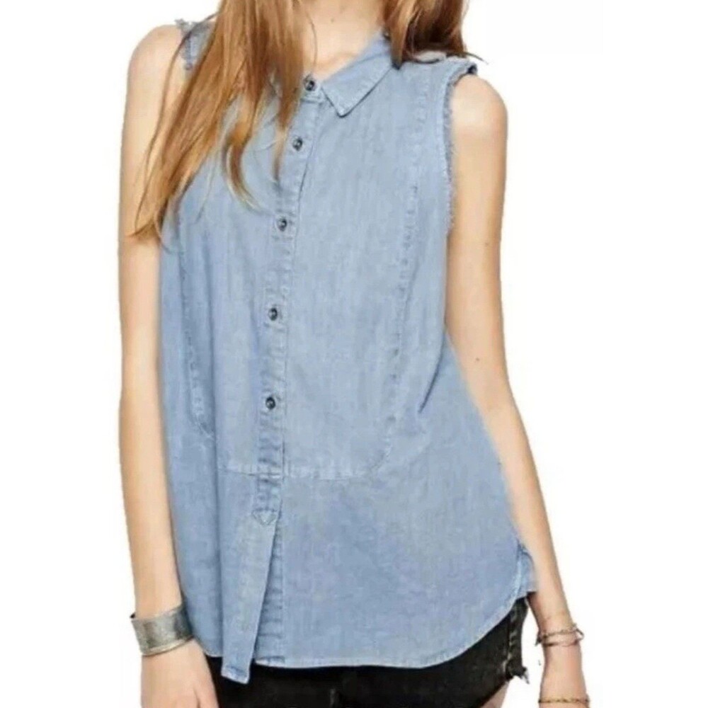 Free People Denim Sleeveless Frayed Edges Button Down Shirt Small Denim Western